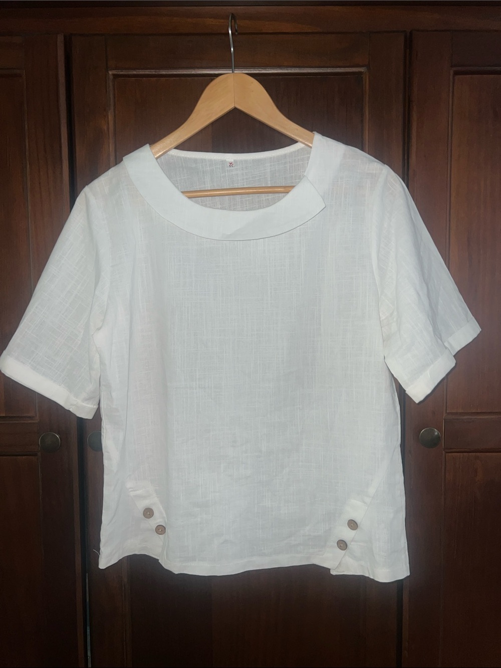 White Cotton Blend Lagenlook Coastal Blouse Short Sleeve Button Hem Slub Top XL